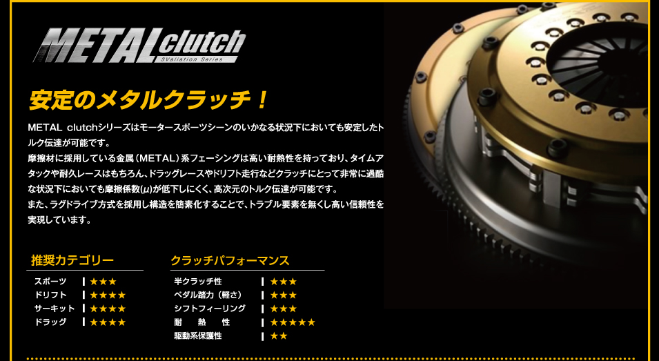 METAL clutch ̃^Nb`I METAL clutchV[Y̓[^[X|[cV[̂Ȃ󋵉ɂĂ肵gN`B\łBCނɍ̗pĂiMETALjntF[VO͍ϔMĂA^CA^bNϋv[X͂AhbO[XhtgsȂǃNb`ɂƂĔɉߍȏ󋵉ɂĂCW()ቺɂÃgN`B\łB܂AOhCu̗p\ȑf邱ƂŁAguvf𖳂MĂ܂B